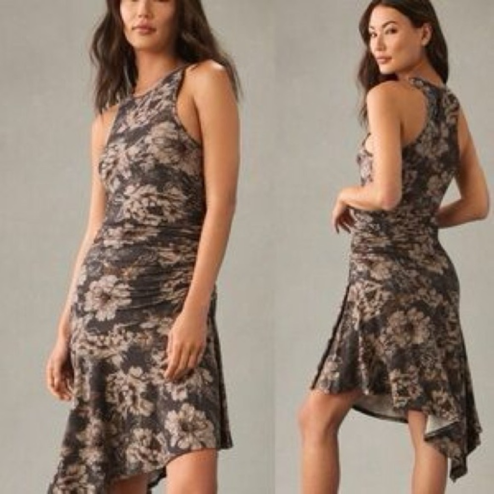 Daily Practice‎ Anthropologie Gray Floral Ruched Asymmetrical Sleeveless Dress